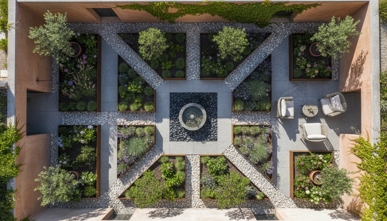 Vue aérienne d'un petit jardin de cour bien organisé