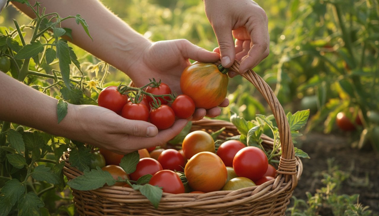 Récolte de tomates anciennes dans un panier en osier