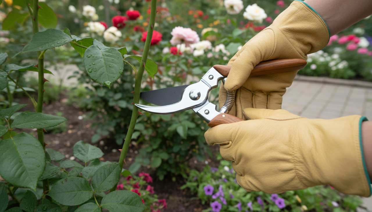 Jardinier utilisant un sécateur bypass sur rosier