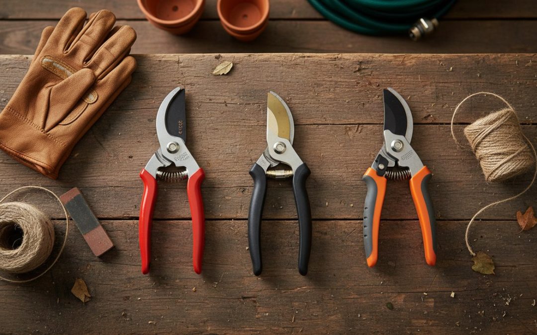 Collection de sécateurs de jardin sur établi en bois