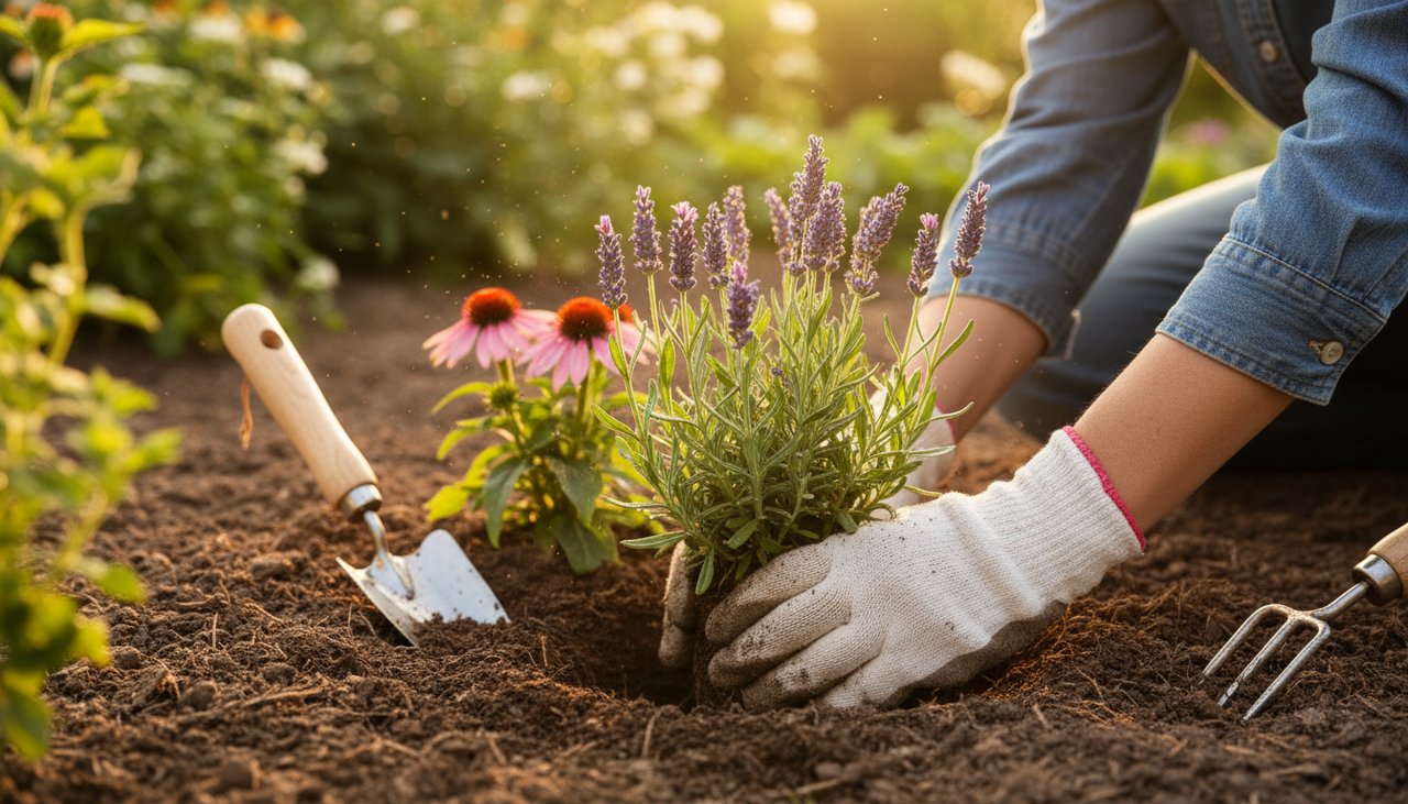 Plantation de fleurs vivaces dans un massif de jardin