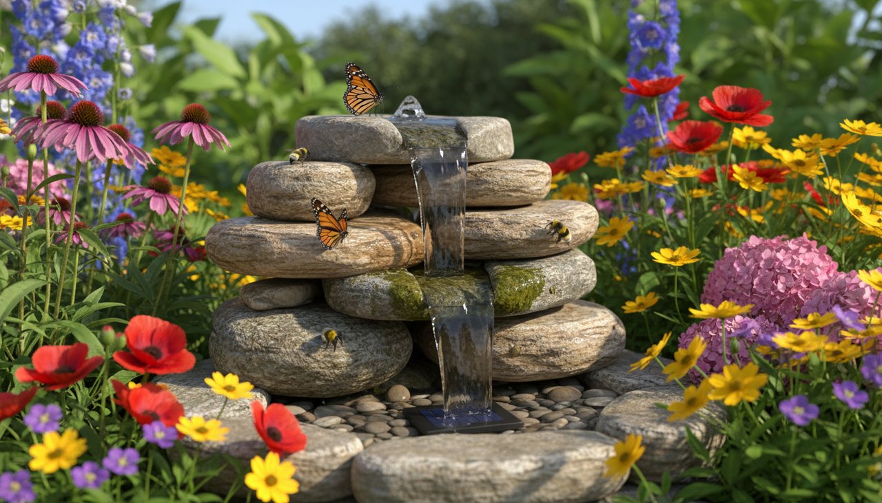 Petite fontaine solaire décorative dans un massif fleuri