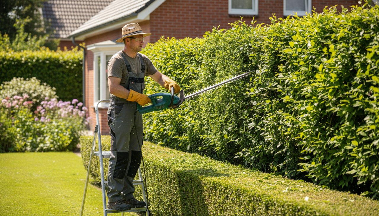 Jardinier taillant une haie avec un taille-haie électrique