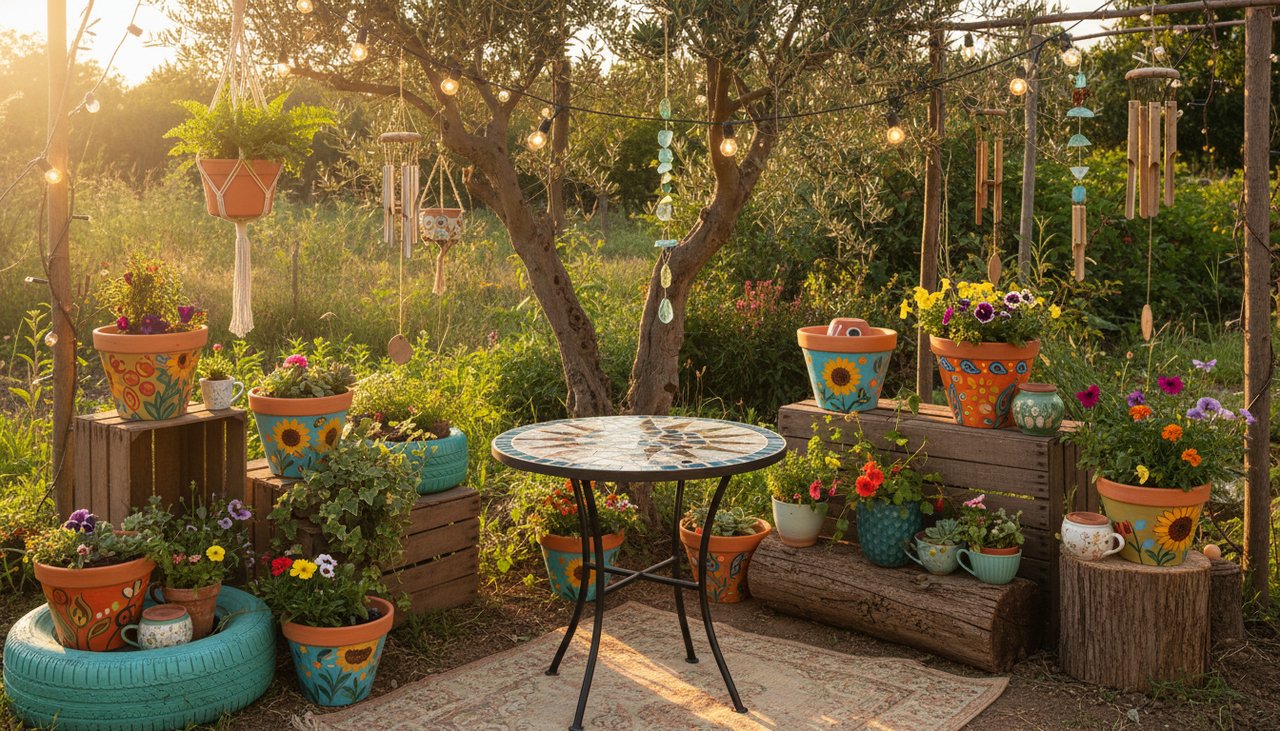 Gros plan détail décoration jardin créative avec matériaux naturels