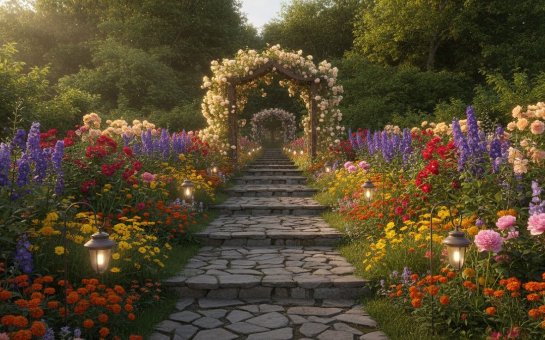 Jardin décoré avec ornements créatifs, plantes colorées et éclairage ambiant