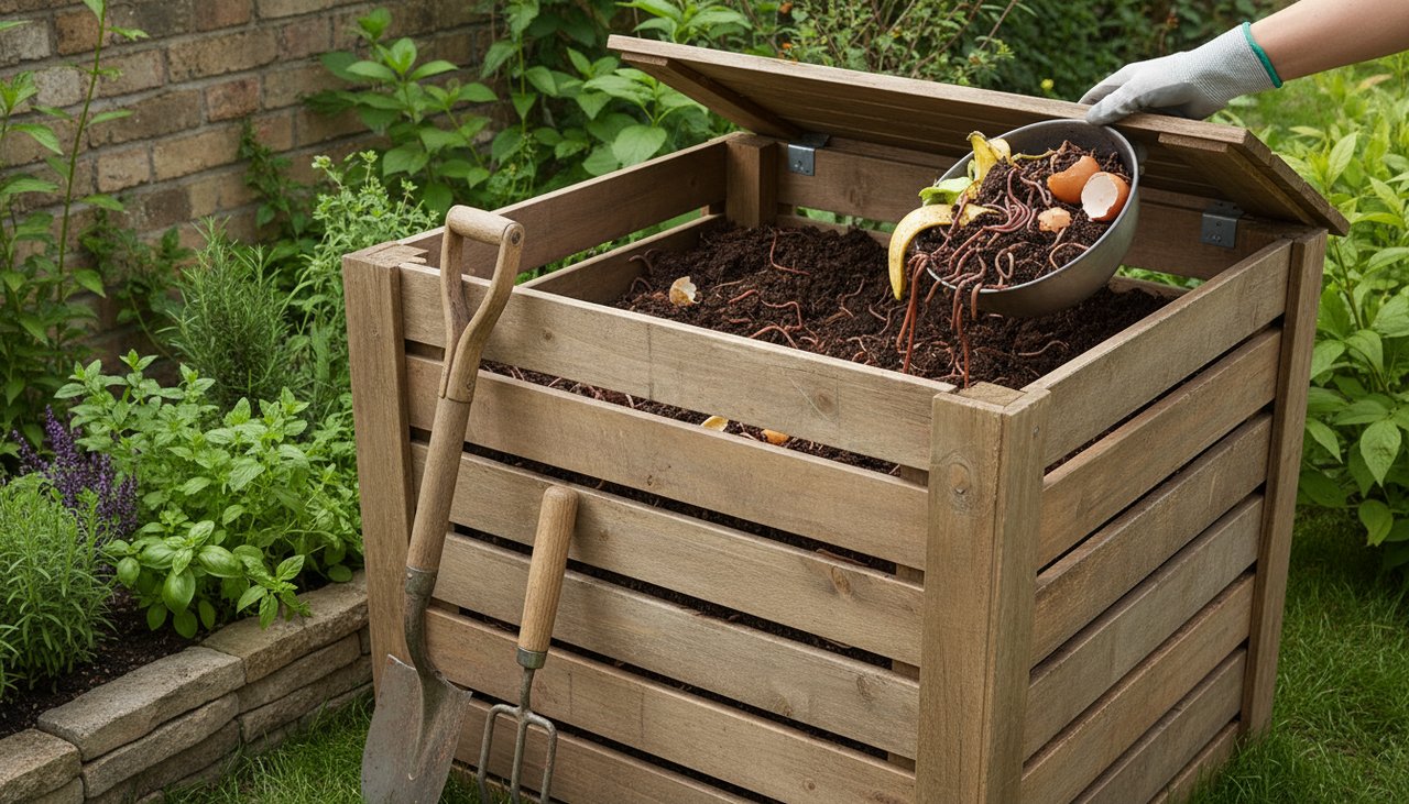 Composteur en bois dans un jardin écologique