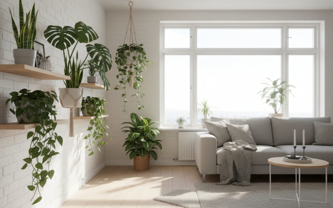 Collection de plantes d'intérieur vertes et colorées sur une étagère bien éclairée