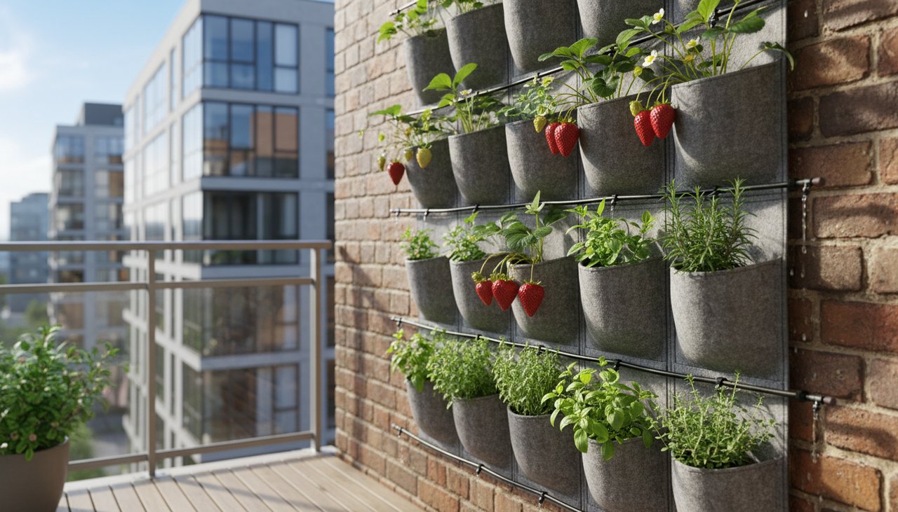 Jardinières verticales avec fraises et herbes aromatiques sur balcon