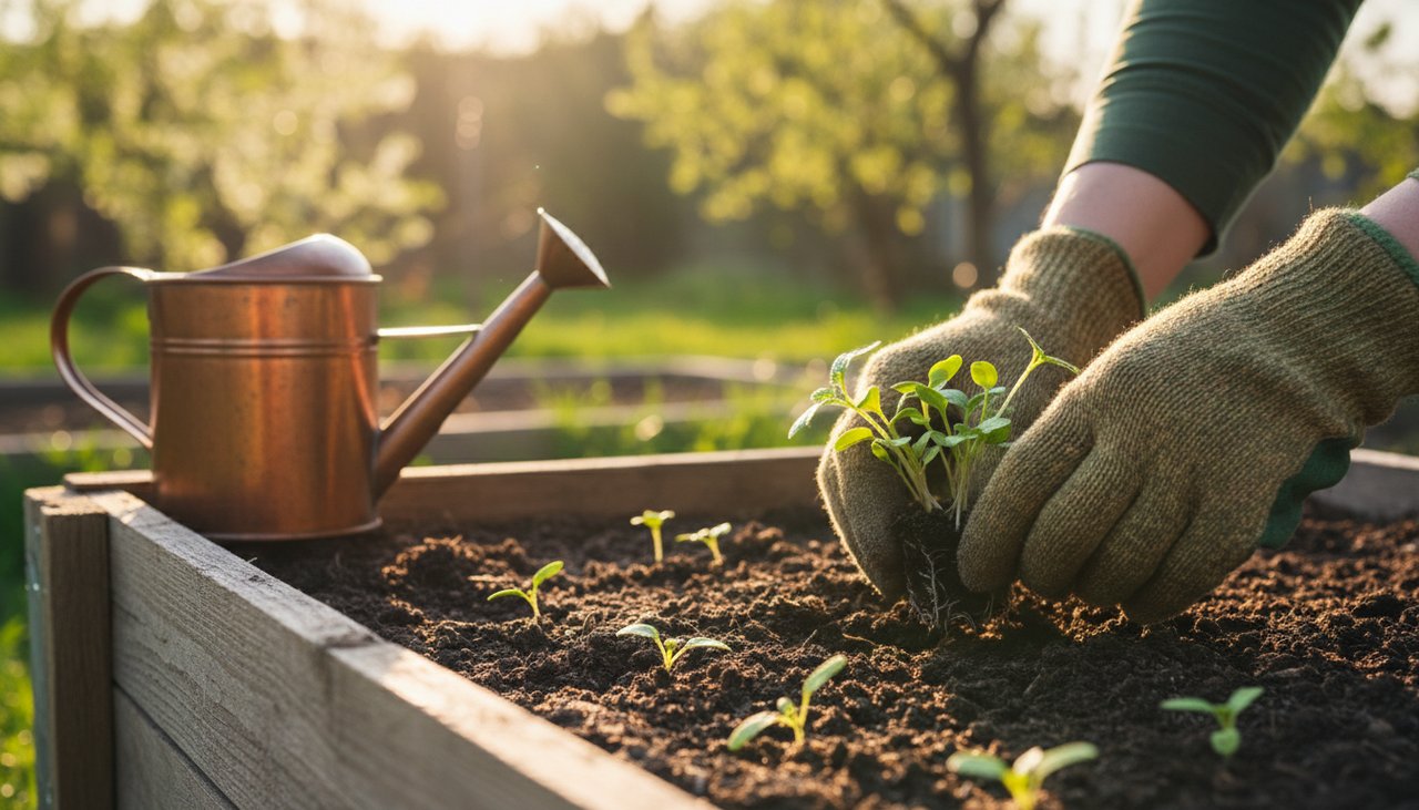 Mains plantant des semis de légumes au printemps
