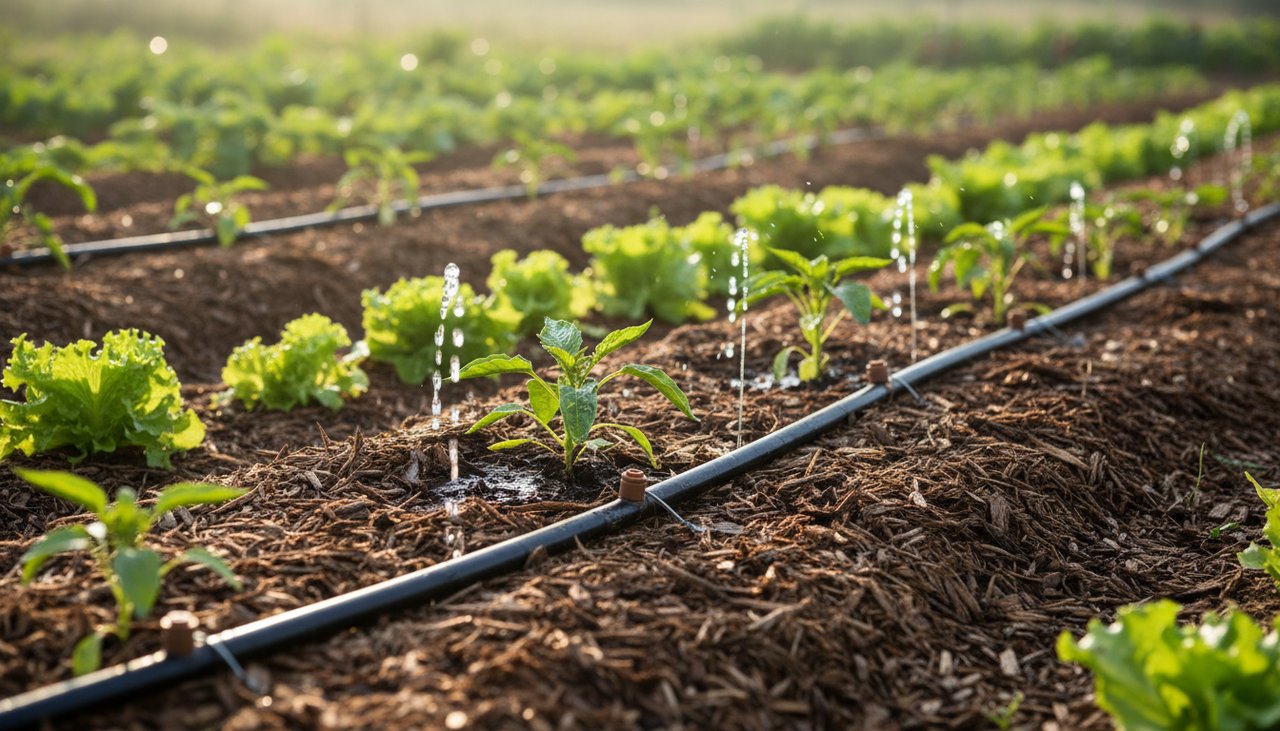 Système de goutte-à-goutte installé dans un potager