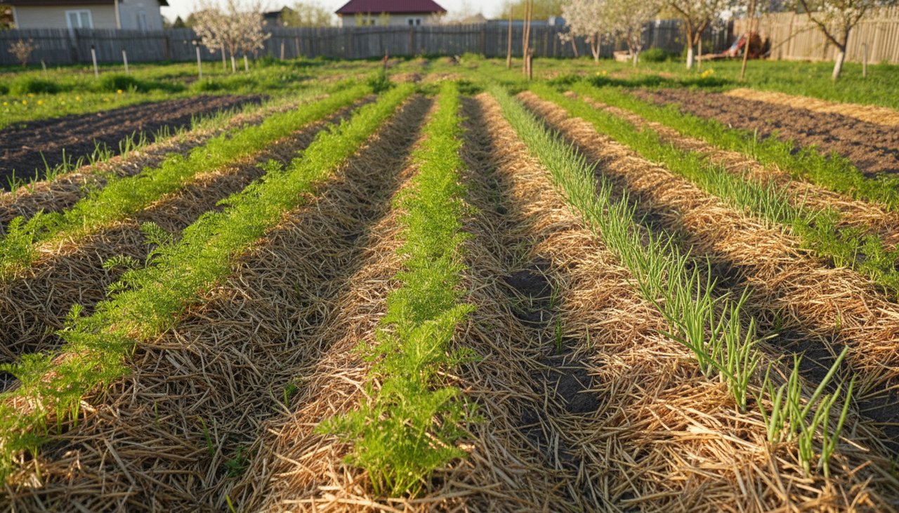 Rangée de carottes et oignons plantés en alternance dans un potager familial avec paillage