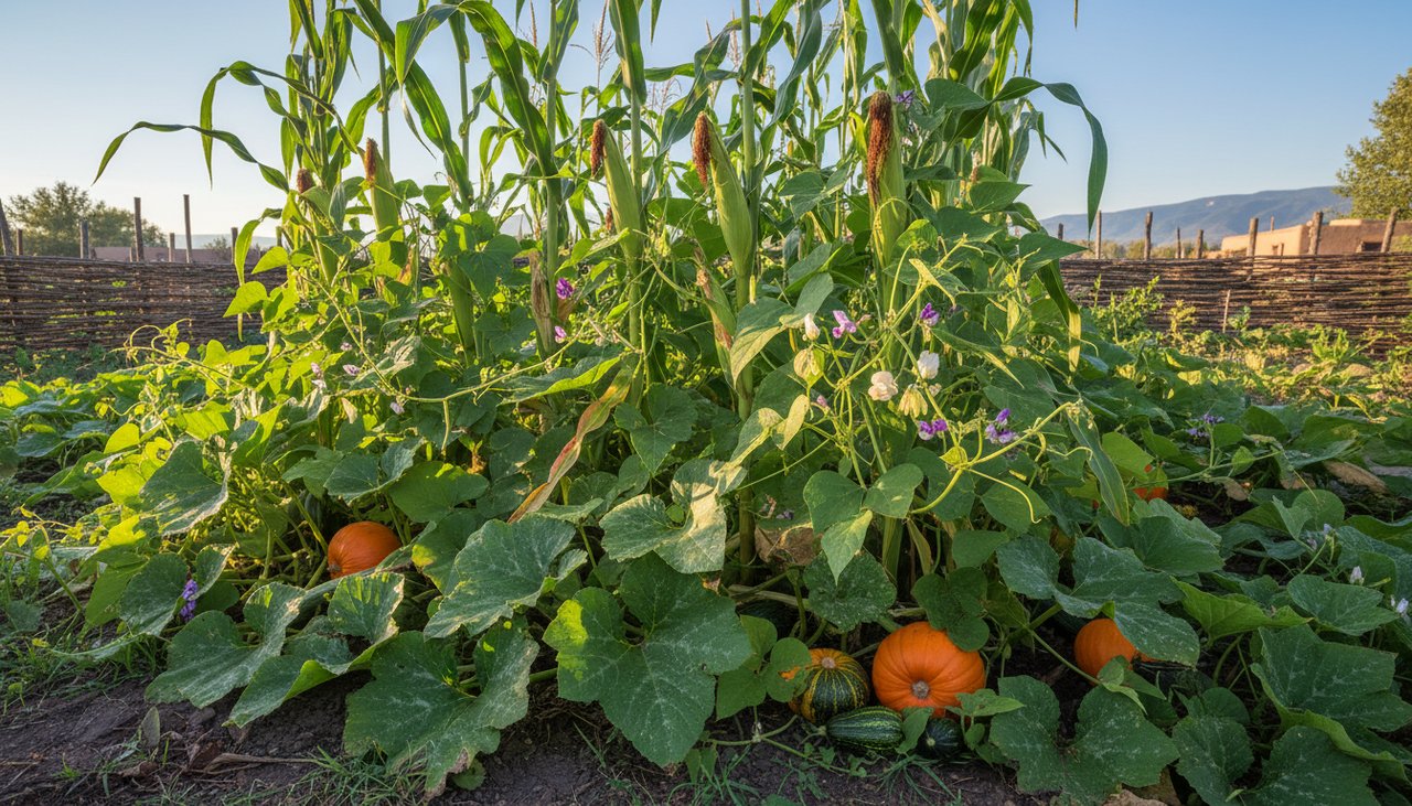Potager mixte avec courges, maïs et haricots grimpants en association traditionnelle des trois sœurs