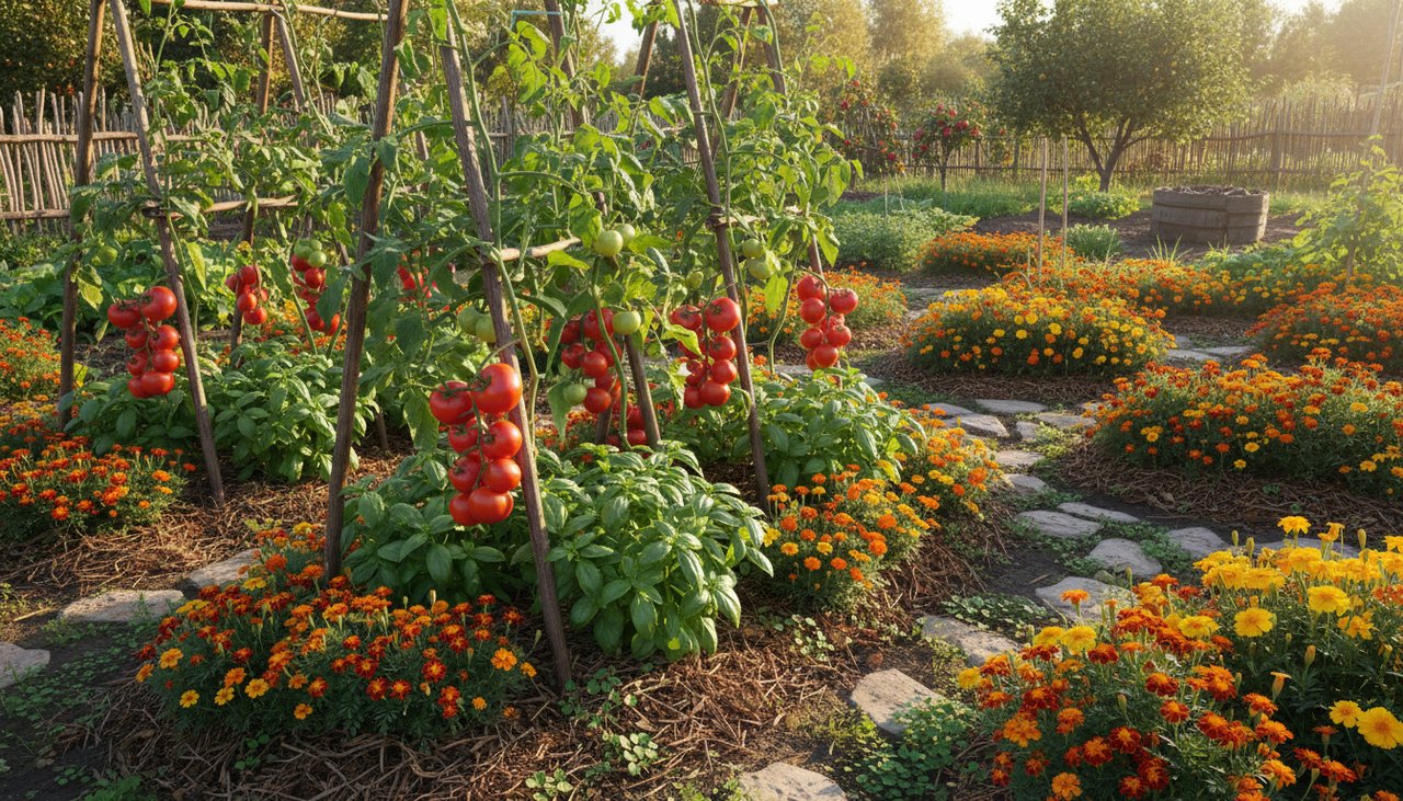 Potager bio avec tomates et basilic plantés ensemble et fleurs compagnes en bordure