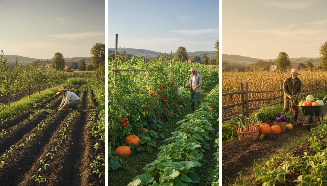 Vue large d'un potager productif à différentes saisons, de printemps à automne