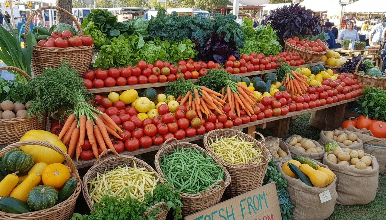 Récolte abondante de légumes colorés: tomates, carottes, laitue, haricots, courges, présentée dans des paniers