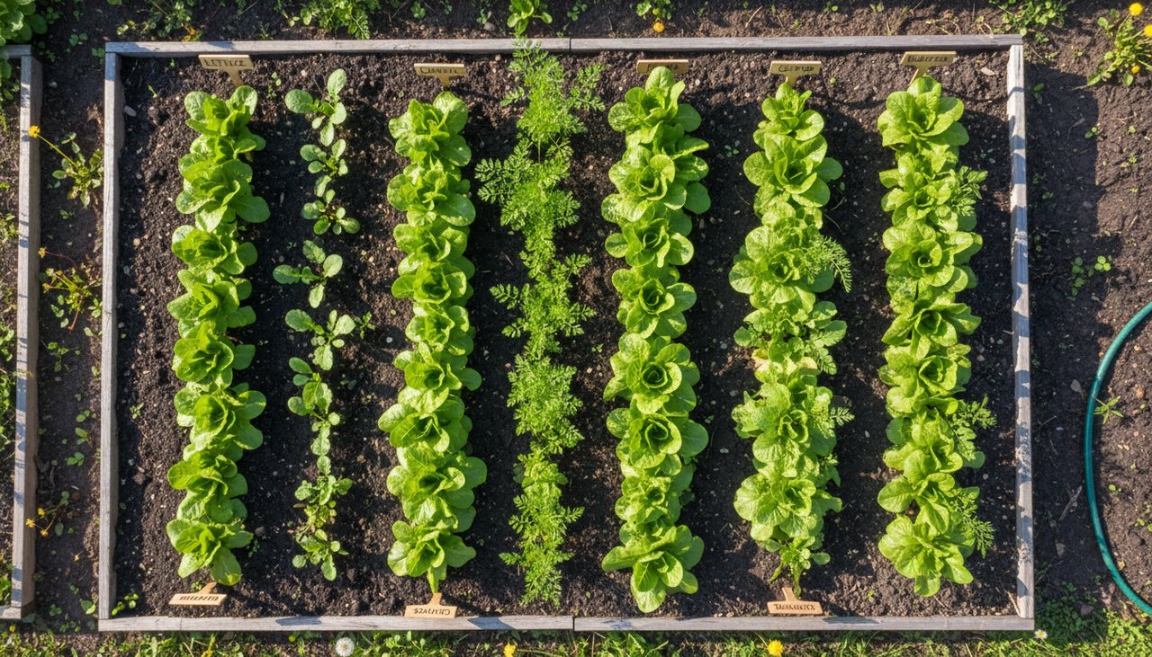 Vue d'ensemble d'un potager bio au printemps avec rangées de légumes plantés et panneaux indiquant les variétés
