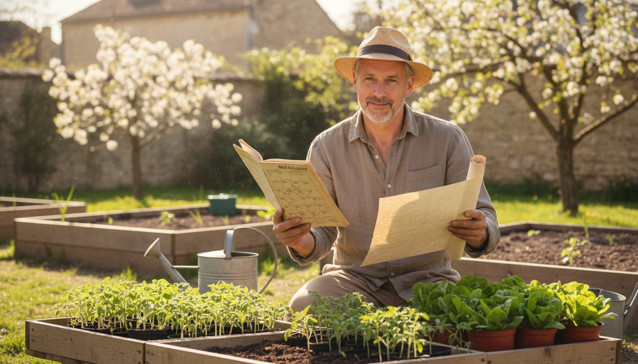 Jardinier tenant un calendrier agricole et un plan de semis avec des plants de tomates et salades autour