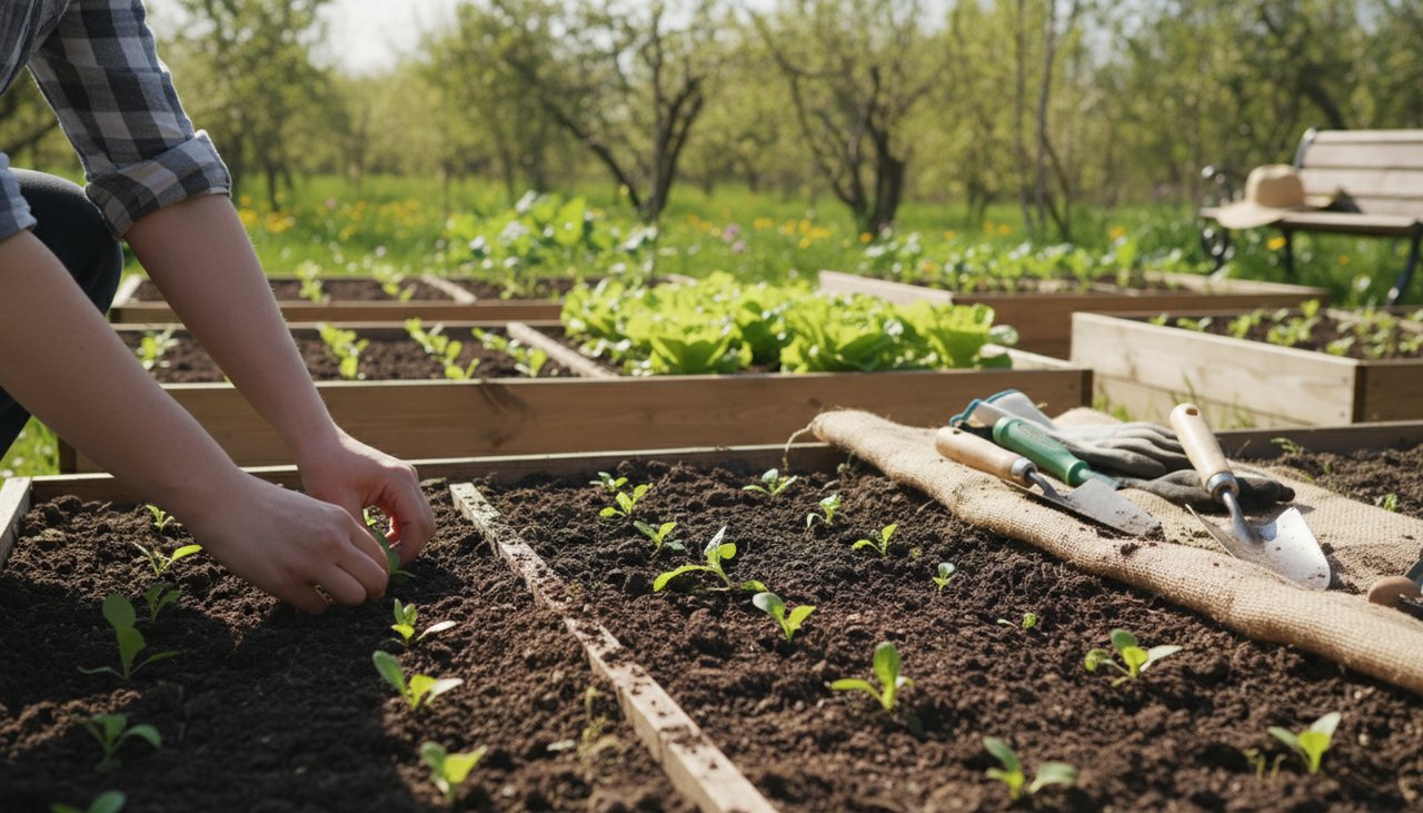 Mains plantant des plants dans des planches de culture en rangées organisées, activité de jardinage au printemps