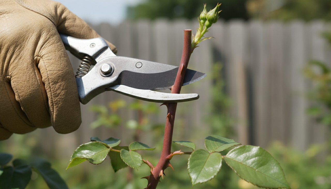 Tige de rosier semi-aoûtée prélevée pour bouturage avec sécateur
