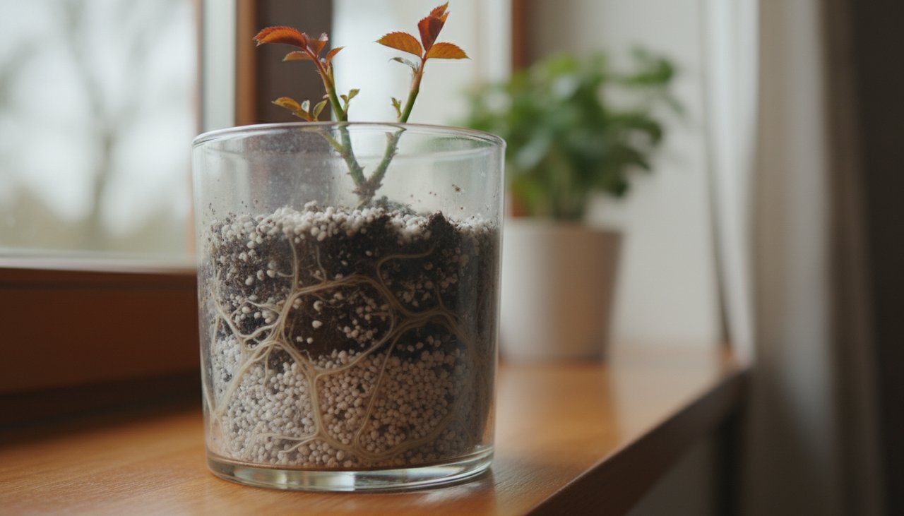 Jeune rosier bouturé avec premières racines visibles dans un pot transparent