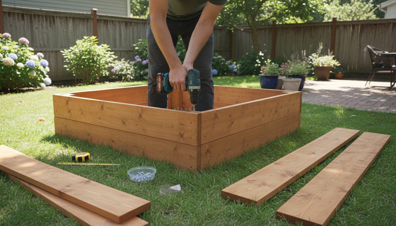 Construction d'un carré potager avec visseuse et planches de bois Douglas