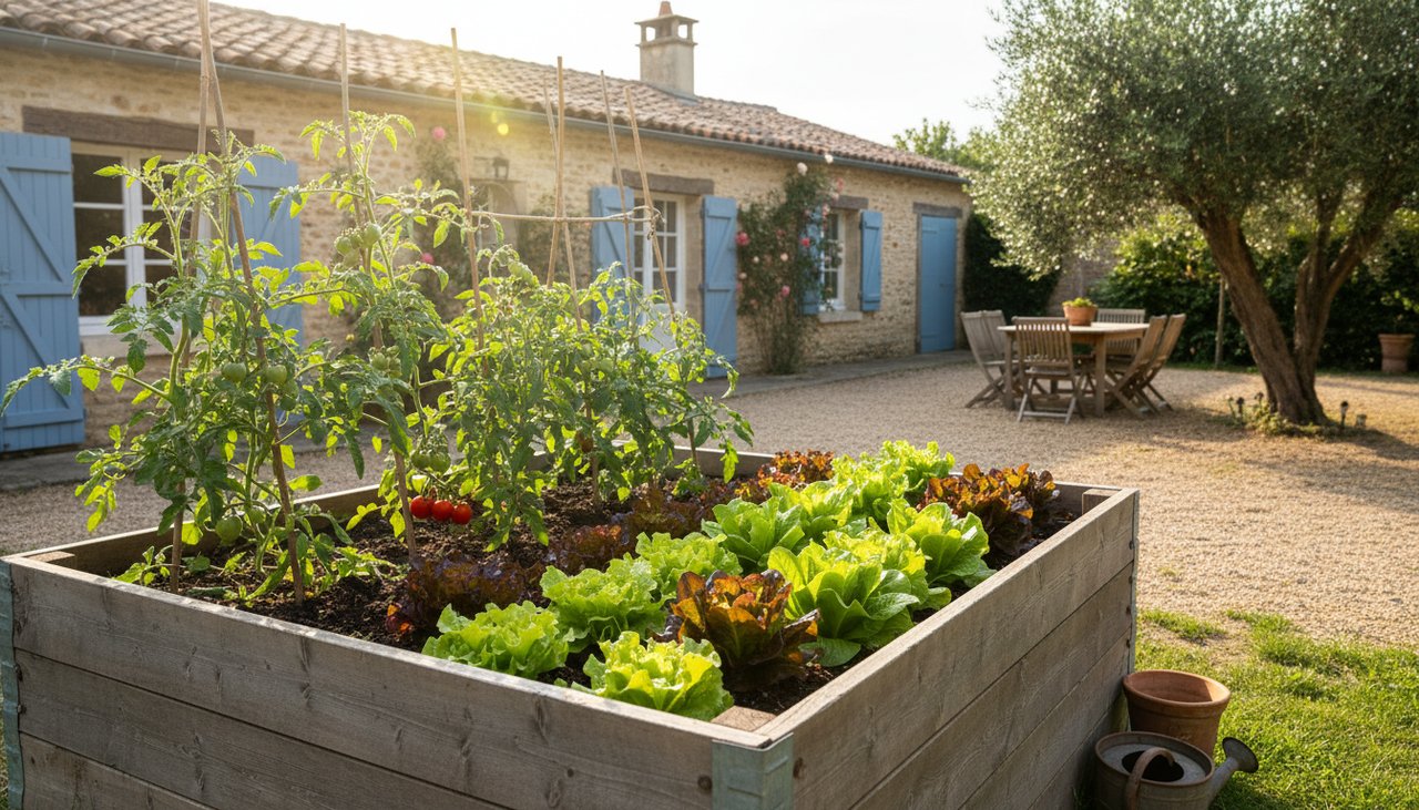Carré potager en bois traité dans un jardin avec plants de tomates et salades