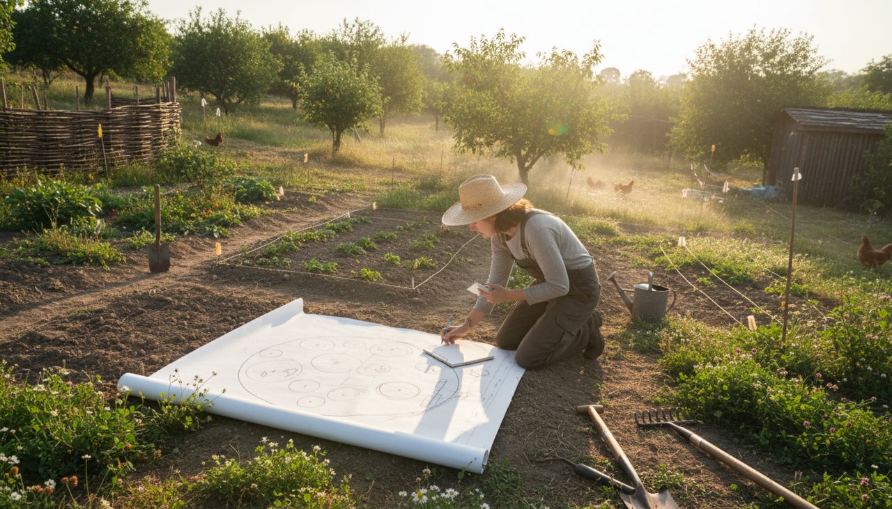 Terrain de jardin exposé au soleil avec une personne observant et prenant des notes sur un plan papier pour concevoir un nouveau potager en permaculture
