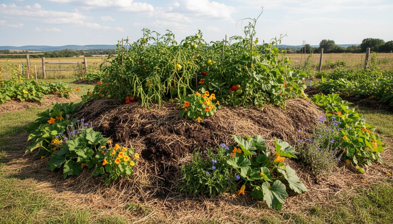 Butte de culture en permaculture bien formée avec paillage naturel associations de légumes tomates haricots courges et fleurs mellifères le long de la butte