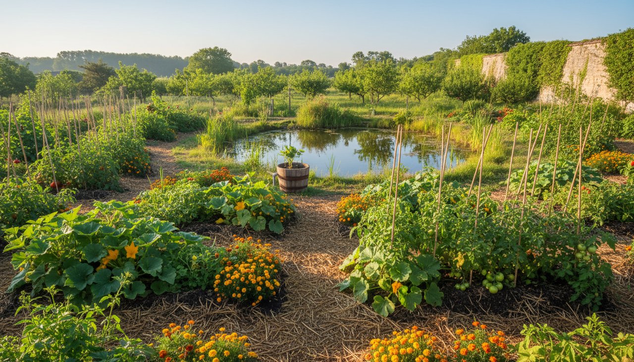 Beau potager en permaculture avec buttes de culture associations de légumes paillage naturel et bassin de récupération des eaux de pluie en arrière-plan