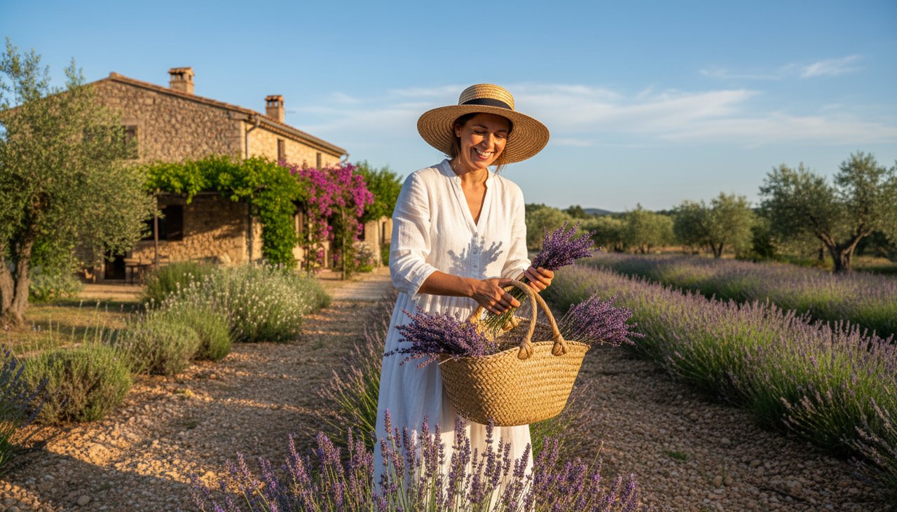 Femme récoltant de la lavande dans un jardin méditerranéen ensoleillé