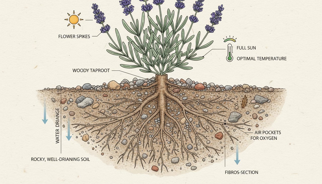 Plant de lavande montrant le système racinaire dans un sol bien drainé et caillouteux