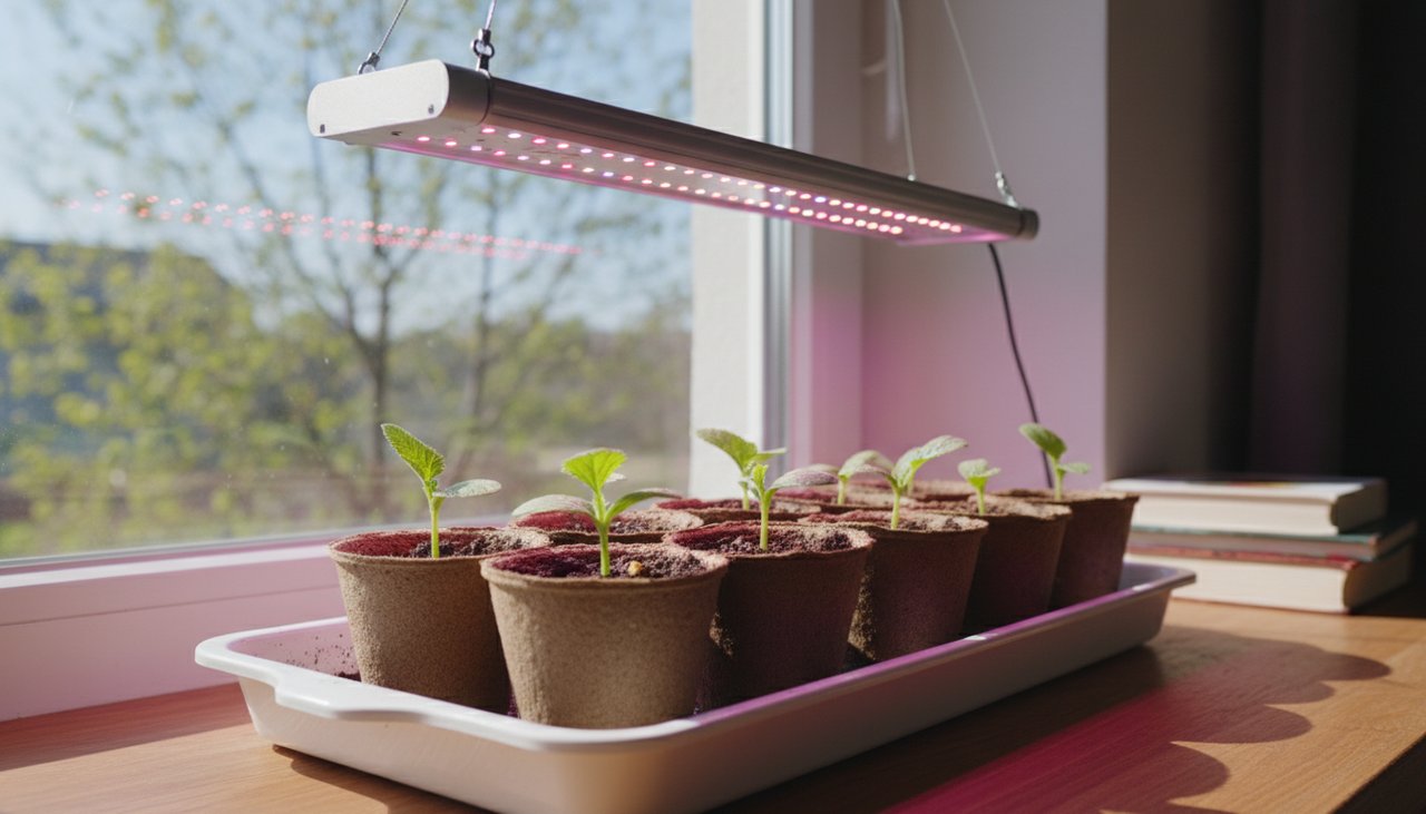 Semis de courgettes en godets sur rebord de fenêtre avec lampe horticole LED