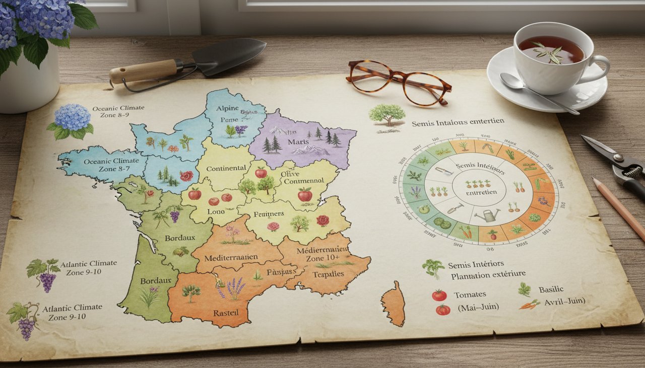 Carte de France avec zones de plantation des courgettes, différentes couleurs selon les régions et les dates recommandées