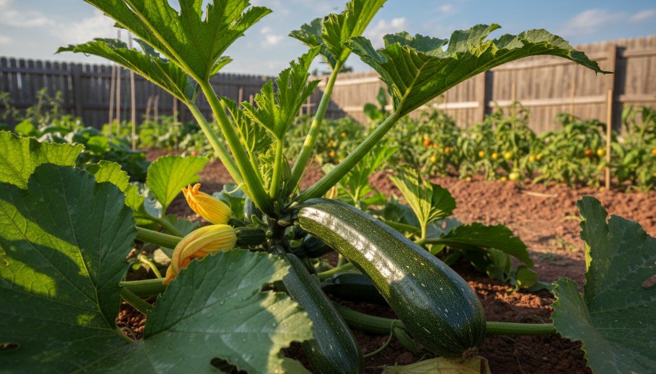 Plant de courgette adulte avec courgette verte mûre sur feuillage dense au soleil