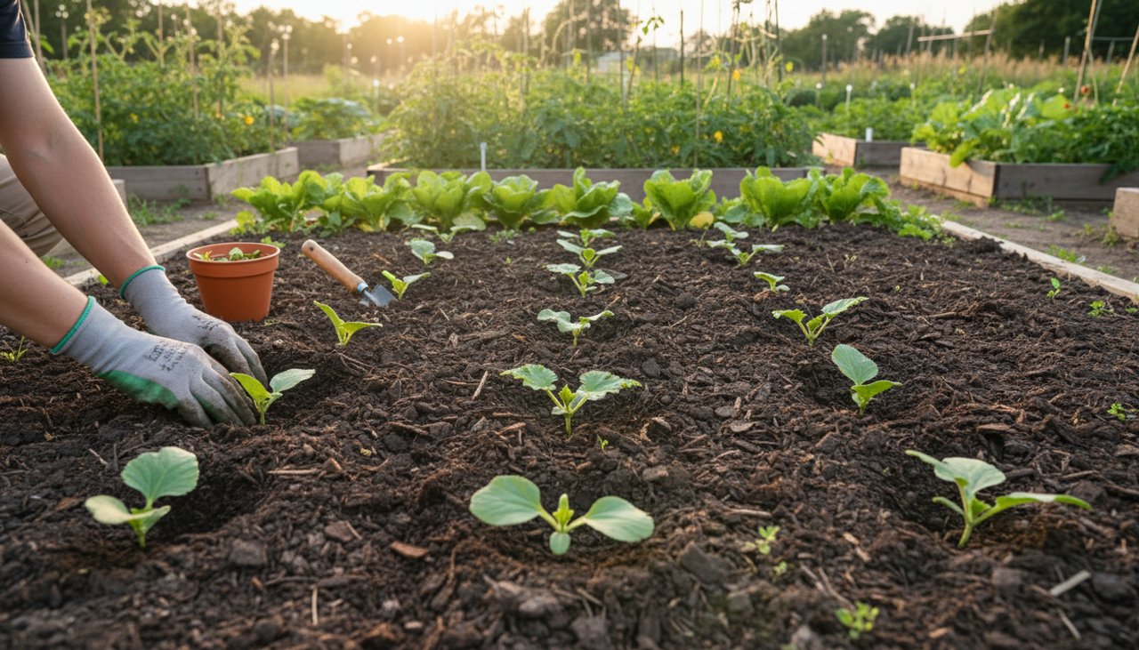 Jardinier plantant un jeune plant de courgette dans un potager bien préparé avec compost, espacement visible entre les plants
