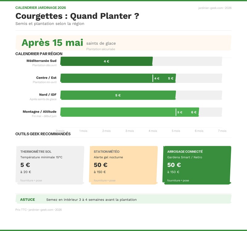 Infographie : Calendrier semis et plantation courgettes selon la région 2026