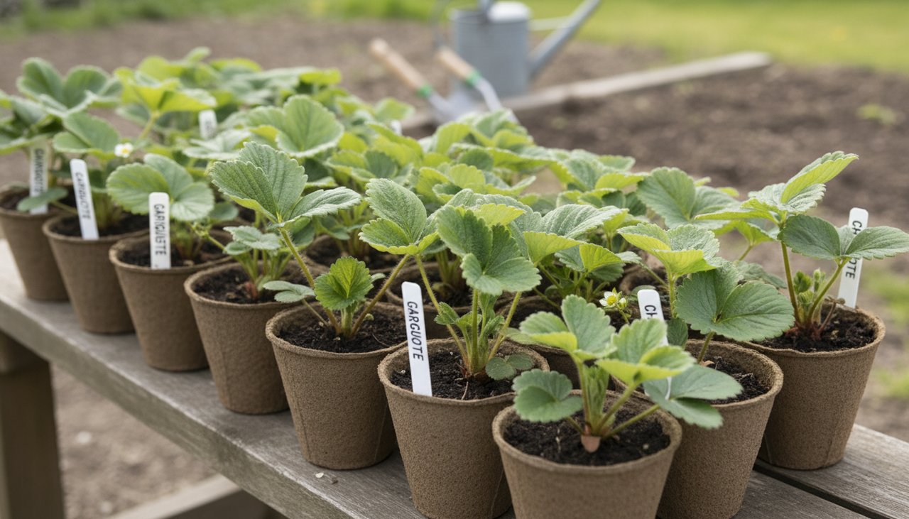 Différentes variétés de fraisiers en godet prêts à planter, Gariguette et Charlotte