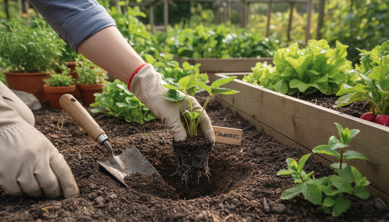 Main de jardinier plantant un jeune plant de fraisier en terre meuble avec truelle, jardin potager