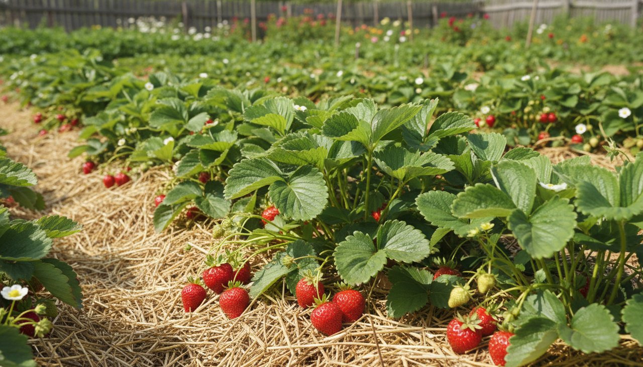 Fraisiers bien établis avec mulch de paille, fruits rouges mûrissants en plein soleil
