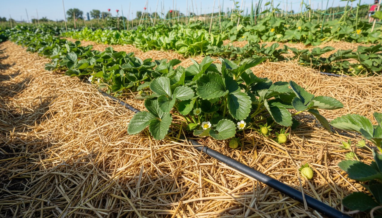 Rangée de fraisiers paillés avec de la paille dans un potager, système goutte-à-goutte visible