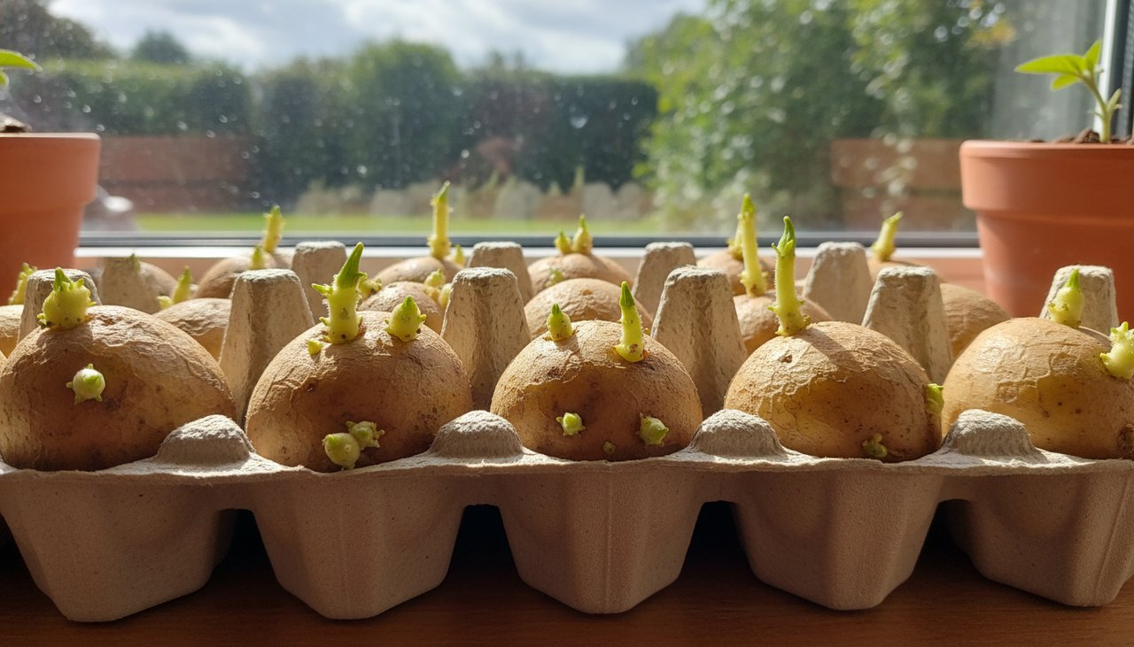 Pommes de terre en prégermination dans des plateaux alvéolés, germes bien développés et solides