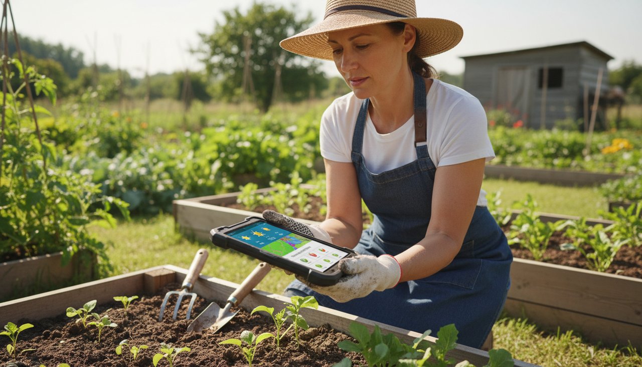 Jardinier utilisant une tablette pour consulter les données météo et de sol avant de planter ses pommes de terre
