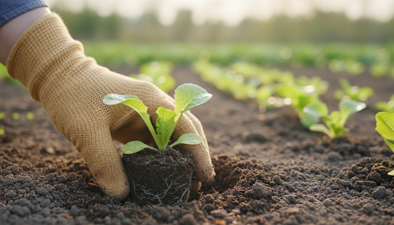 Jeune plant de laitue fraîchement repiqué dans le sol avec main gantée de jardinier qui tasse la terre autour des racines au printemps