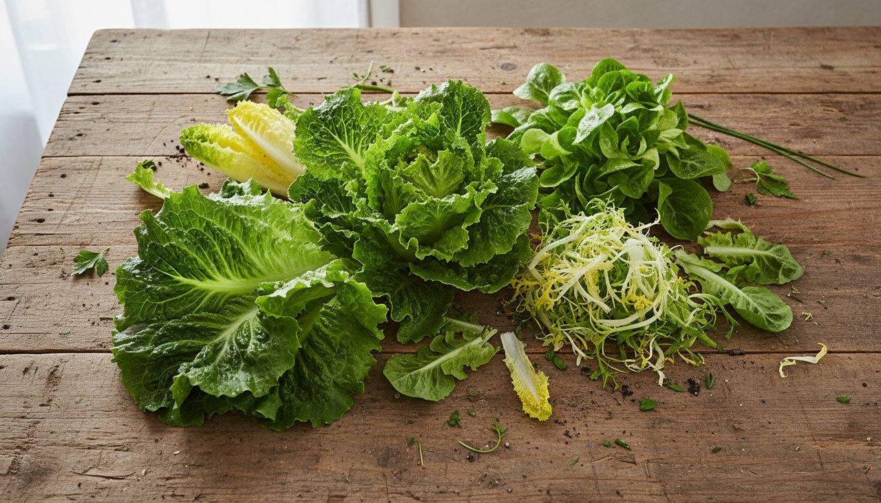 Belle variété de salades fraîchement récoltées laitues batavia scarole et frisée disposées sur une table en bois au soleil