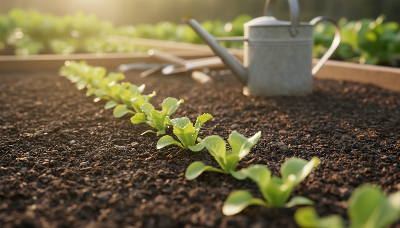 Rangée de jeunes plants de laitue verte tendre cultivée dans un potager avec terre fraîche éclat du soleil du matin et petit arrosoir métallique