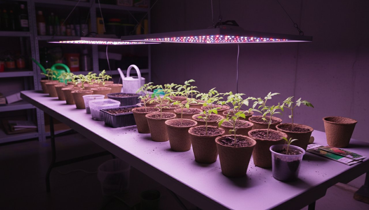 Semis de tomates en godets sous éclairage artificiel, petits plants vert tendre sur table de semis