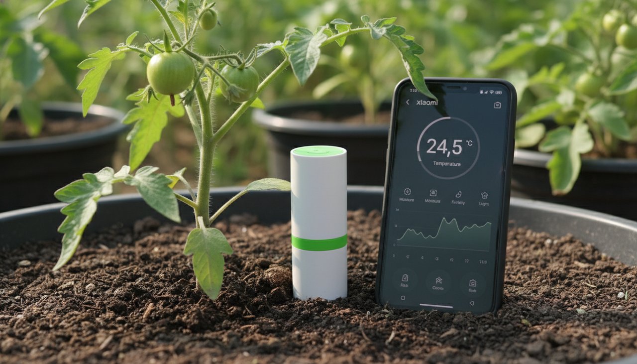 Capteur de sol connecté Xiaomi Mi Flora planté au pied d'un plant de tomate, application sur smartphone