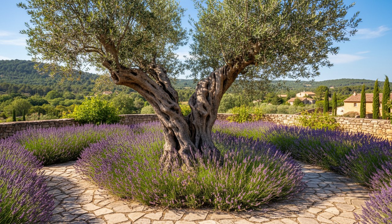 Olivier adulte en pleine soleil dans un jardin provençal avec terrasse en pierre