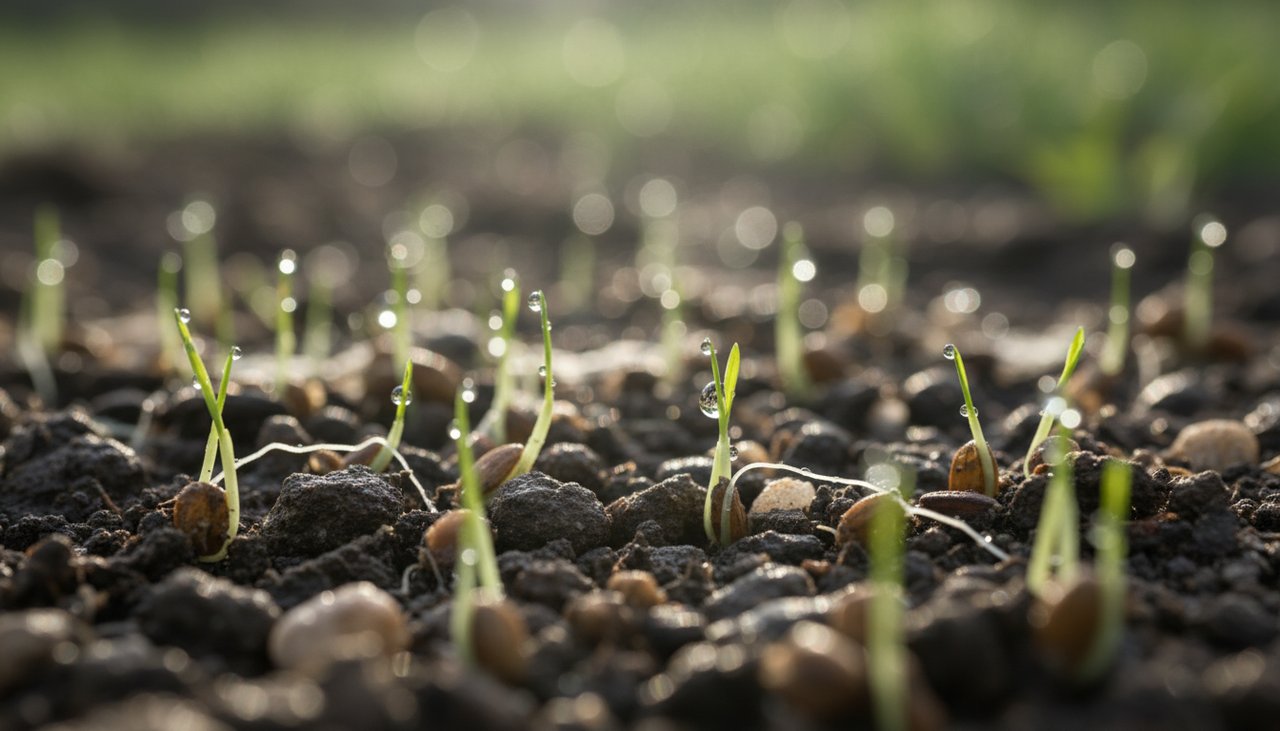 Graines de gazon germant dans un sol bien préparé quelques jours après le semis