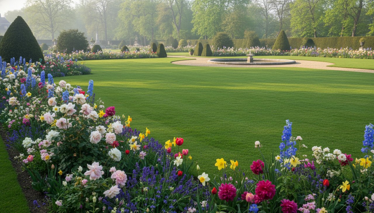 Jardin avec une nouvelle pelouse semée bien verte et uniforme après quelques semaines